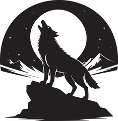 Howling Wolf Silhouette – Moon Night Scene, Mountain Landscape, Wildlife Vector Illustration