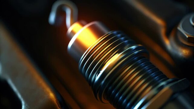 3D car engine footage with oil lubricant splash flow concept. A close-up view of a spark plug with illuminated elements.