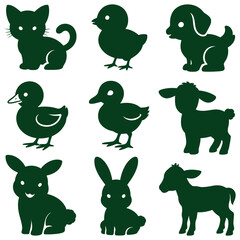 Naklejka premium Collection of funny cartoon animal characters and icons featuring a cute rabbit, cat, dog, owl, and duck vector illustration set