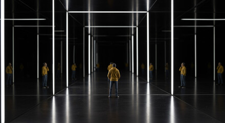 光の格子の中の人物 - デジタル社会における個人のアイデンティティと技術的制約を表現した未来的コンセプト