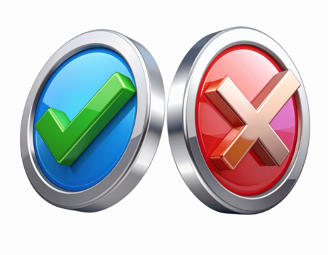 Rotated 3D Tick and Cross Icons with Metallic Finish, Floating Perspective Cutout on transparent background PNG 