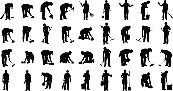 Silhouettes of people performing cleaning tasks with broom, mop, bucket, rake, sweeping tools, sanitation equipment, housekeeping, cleaning workers