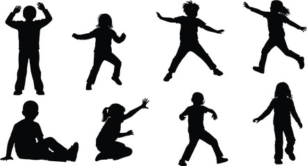 Silhouettes of playful children jumping, sitting, and standing in dynamic poses, ideal for education, recreation, wellness, and creativity content.