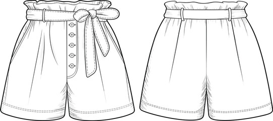 High waist women’s shorts flat sketch, front and back view, belted design with buttons, CAD drawing, vector fashion template illustration.