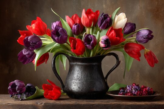 Bright bouquet of tulips in a rustic black vase on a wooden table - Powered by Adobe