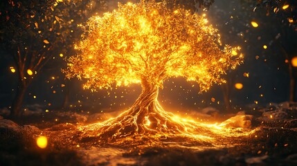 Glowing Golden Tree of Life in Dark Forest at Night