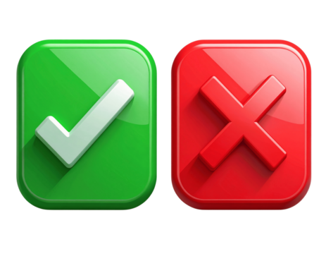 Boxed Check and Cross Buttons with Depth and Drop Shadow, Rounded Icon Style PNG