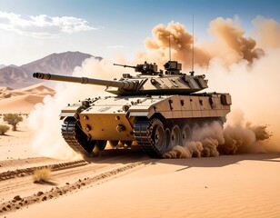 Military tank moving through desert