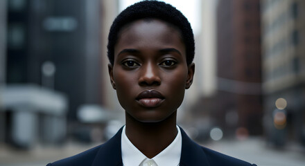 Fototapeta premium Confident Black Woman in Business Suit, Urban Setting, Serious Expression, Professional Portrait