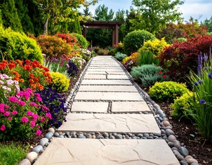 Colorful garden pathway with lush flowers and shrubs