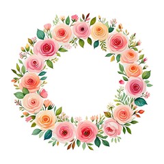 Obraz premium Watercolor Floral Wreath Pink Peach Roses Green Leaves