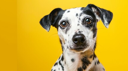 Adorable spotted dog with white fur patches, isolated on solid yellow background, high-key lighting, playful expression