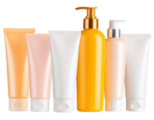 Sunscreen Tubes and Bottles Set, Upright Front View with Soft Shadow, Transparent background PNG