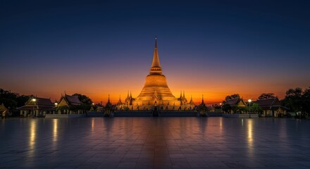 Fototapeta premium Golden Pagoda at Sunset Wat Phra Pathom Chedi, Nakhon Pathom, Thailand