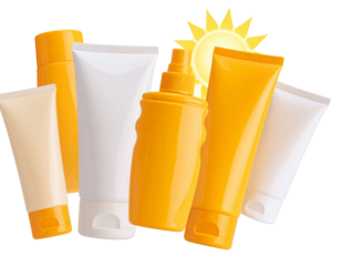 Floating Sunscreen Product Set with Sun Icon and Glow Effect, Transparent Background PNG