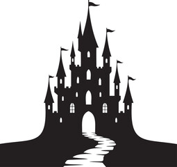 Obraz premium Enchanting silhouette of a magical castle with a winding path drawing you into a fairytale adventure