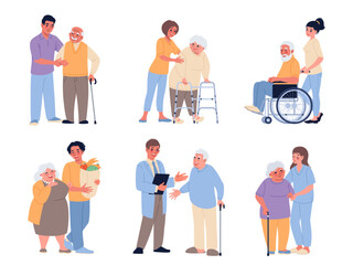 Elder people care. Volunteers help pensioners, social workers solve problems of disabled, elderly woman, seniors with problems, grandfather on wheelchair, cartoon isolated classy vector set