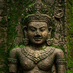 Fototapeta premium Moss-Covered Ancient Stone Apsara Sculpture in Angkor Wat