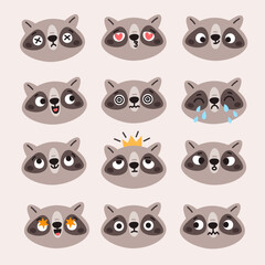 Cute kawaii racoon. Little funny animals, forest fauna, night thief characters, different face emotions, wildlife grey creature mascot stickers garish vector cartoon flat style isolated set