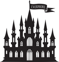 Magical evermore castle silhouette for fantasy designs and storybook illustrations with a medieval fairytale vibe