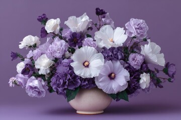 Obraz premium Vibrant arrangement of purple flowers in a delicate vase creating a calming atmosphere