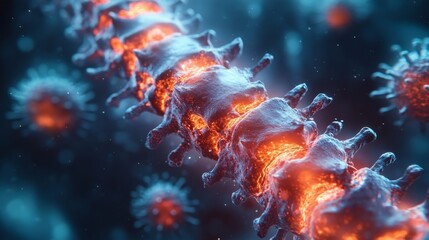 A vertical X-ray view of a human spine suffering from a herniated disc, showing the detailed structure of vertebrae and discs. Menacing bacteria invade the spaces between the discs, creeping upwards i