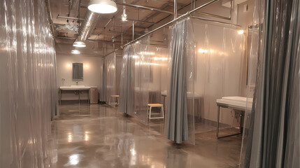 Obraz premium sterile examination area with translucent plastic curtains and chrome fixtures