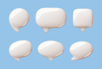 Cartoon 3d speech bubbles. Blank glossy text boxes, different shapes, communication three dimensional elements, templates, round and square balloons, classy vector render isolated set