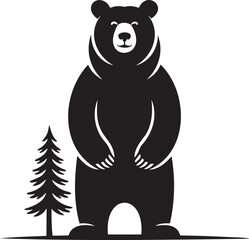 Majestic bear illustration standing beside a pine tree in the forest, perfect for outdoor adventure themes
