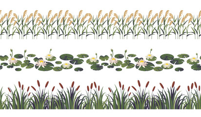 Reed borders. Pond or lake plants seamless lines, river wild botany, water flora leaf, swamp aquatic natural decorative isolated elements, summer landscape objects, tidy vector concept