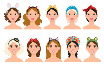 Female head with headband. Girly hairstyles with different decorative accessories, cute patterned bandanas and ribbons, cartoon flat style isolated woman portrait splendid vector set