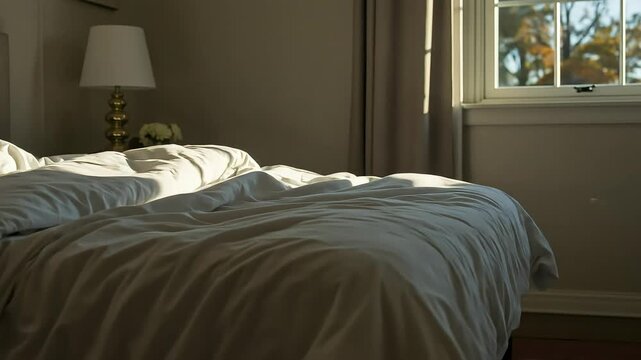 Cozy bedroom with soft sunlight illuminating rumpled sheets and a bedside lamp, creating a serene atmosphere