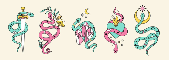 Color mystic snakes compositions. Magical reptiles with occult symbols, crystals and flowers, crescent moon, dagger, trendy tattoos design, mystery logo and emblem, garish vector isolated set
