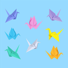 colorful origami crane on blue background, folded paper, paper crane