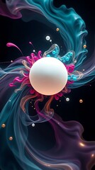 Abstract Spherical Object with Colorful Flowing Liquid and 3D Particles – Futuristic Artistic Design on Dark Background