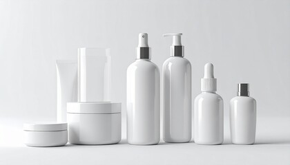 White cosmetic bottles isolated on white background, 3d render