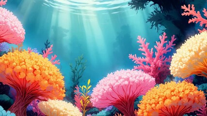 Vibrant Underwater Coral Reef Animation – Colorful Sea Anemones and Corals with Sunbeams for Marine Biology Education, Ocean Conservation Campaigns, and Underwater Fantasy Backgrounds