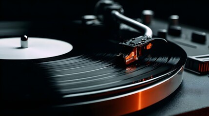 Close-up view of a record player with a vinyl record spinning.