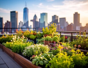 Rooftop Garden in City Skyline at Sunset Urban Farming.