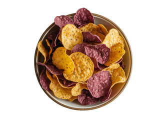 Colorful assortment of tortilla chips, purple and yellow, overflowing from a bowl on transparent background