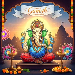 Obraz premium Vibrant ganesh chaturthi celebration with lamps and festive decorations