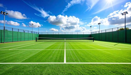 Sunny Day on a Lush Green Tennis Court.