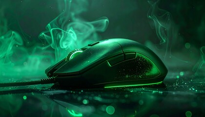 High technology computer gaming mouse in dark green tone with smoke