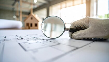 Examining House Plans with Magnifying Glass Detailed Architectural Blueprint Review.