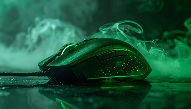 High technology computer gaming mouse in dark green tone with smoke