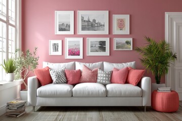 Modern living room design featuring a white sofa with coral accents and framed art in a bright, cheerful space