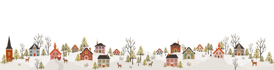 Christmas banner, border with a peaceful winter Santa Claus village, little colorful houses, reindeers, snowmen and trees in the snowy surroundings, vector illustration, transparent background