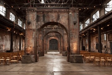 Rustic venue with brick arches and wooden chairs ready for an event in an industrial space