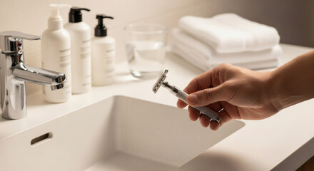 A person holds a metal safety razor over a modern white sink, part of a daily grooming routine.