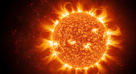 Fiery surface of the sun with solar flares and intense heat radiation